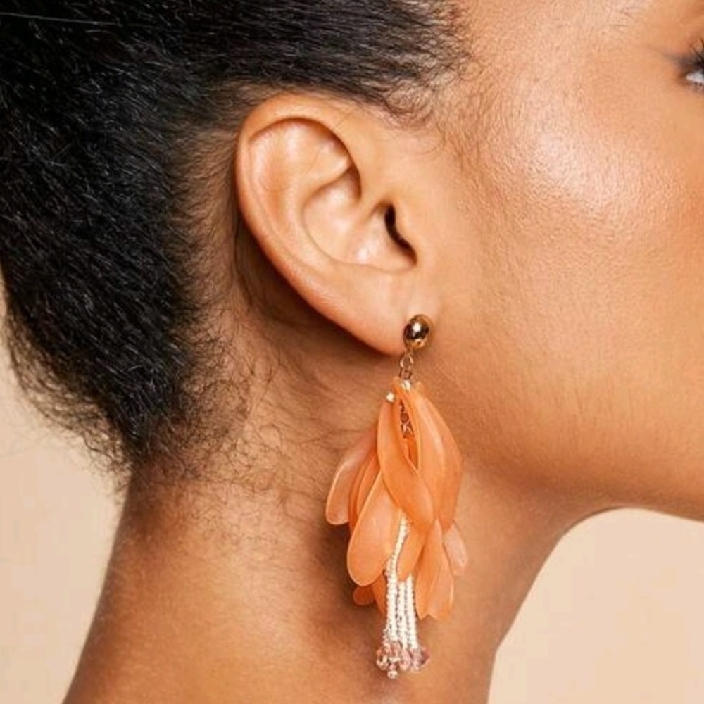 Orange Petal Floral Statement Earrings Boho Gold Tone Beaded Fringe Dangle 💖